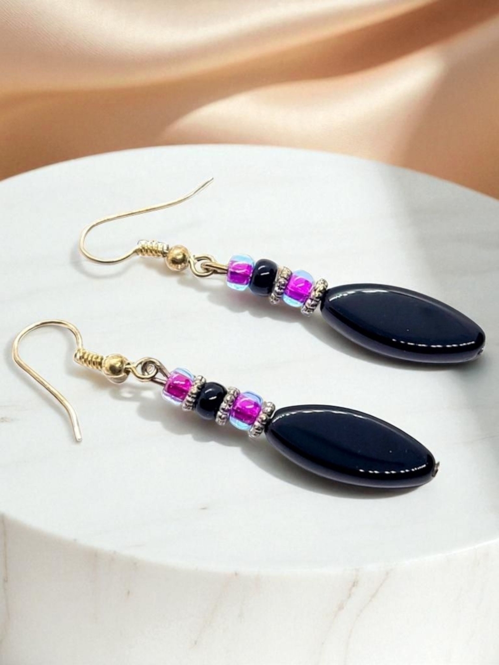 Vintage Gold Hook Black and Purple-Pink Bead Drop Earrings
